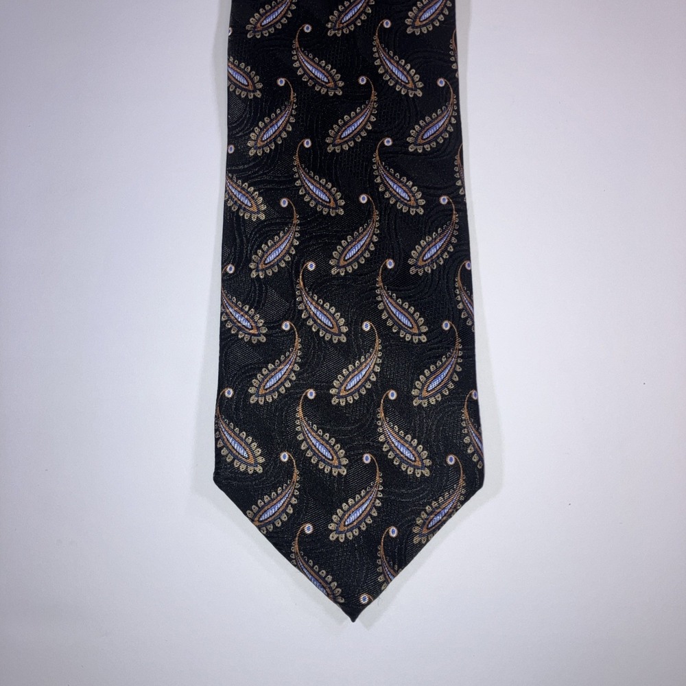 JZ Richards Silk Tie Black Gold Blue Paisley Handmade in USA 61.75" x‎ 3.75"